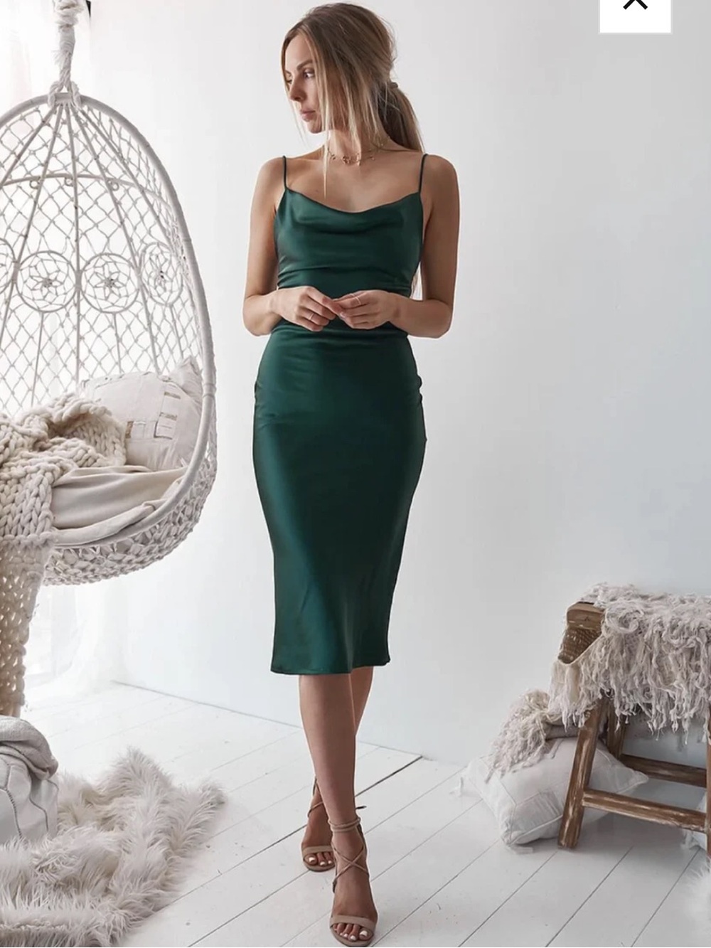 Emerald Green Satin Slip Midi Dress • Cowl Neck Cocktail Wedding Guest Dress